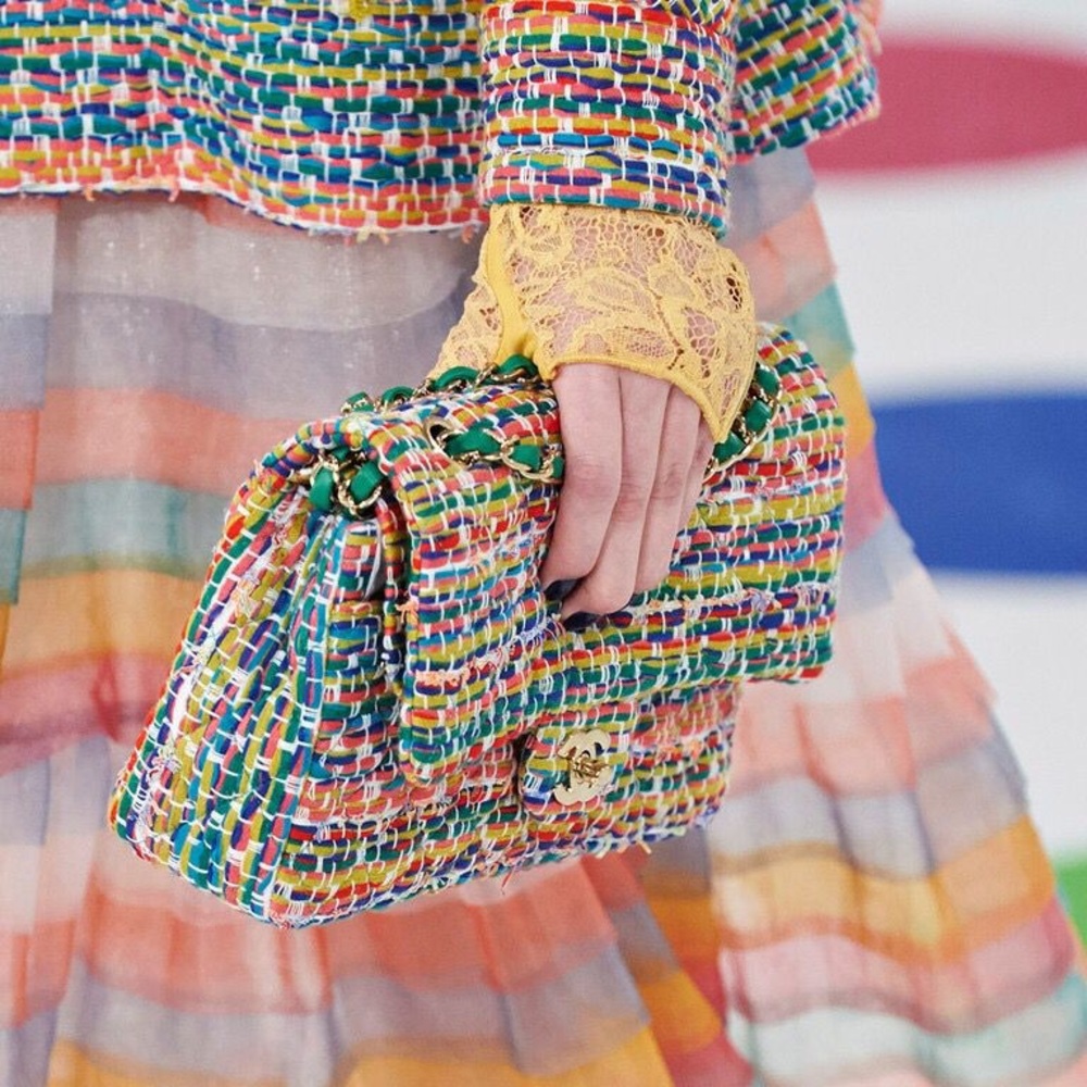 Chanel Classic Rainbow Boucle Runway Multicolor Tweed Double Flap Medium Bag